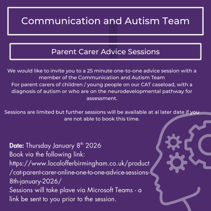CAT Parent Carer Online One to One Advice Sessions 8th January 2026