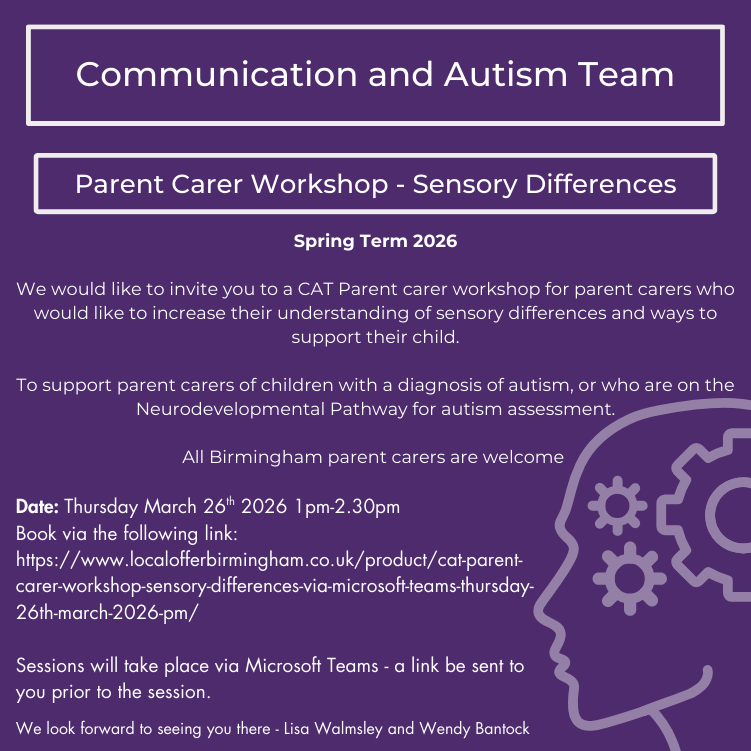 CAT - Parent Carer Workshop - Sensory Differences - via Microsoft Teams - Thursday 26th March 2026 PM