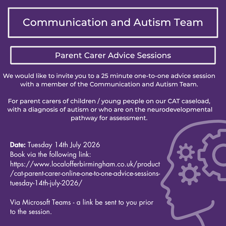 CAT Parent Carer Online One to One Advice Sessions Tuesday 14th July 2026