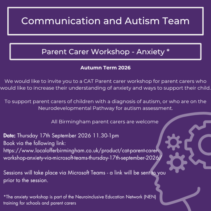 CAT - Parent Carer Workshop - Anxiety -  via Microsoft Teams - Thursday 17th September 2026