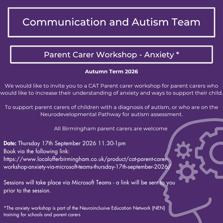 CAT - Parent Carer Workshop - Anxiety - via Microsoft Teams - Thursday 17th September 2026