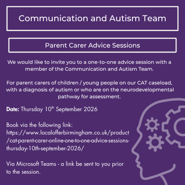 CAT Parent Carer Online One to One Advice Sessions Thursday 10th September 2026