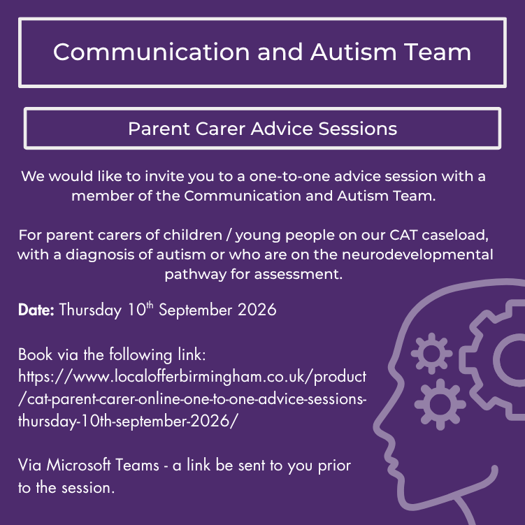 CAT Parent Carer Online One to One Advice Sessions Thursday 10th September 2026