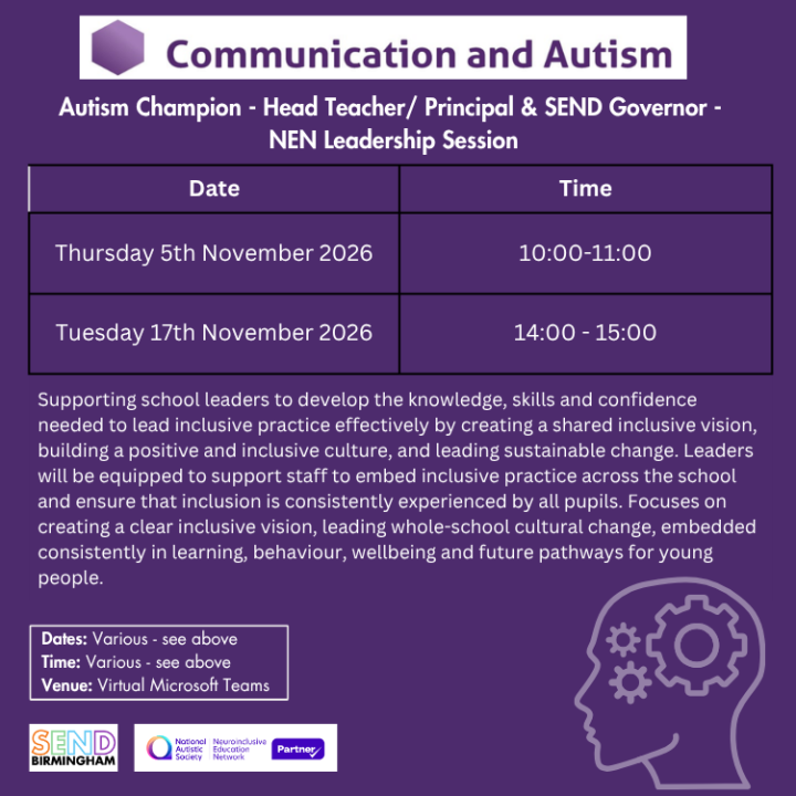 Autism Champion - Head teacher/ Principal & SEND Governor - Pilot (Invitation Only) Thursday 5th November 2026 at 10:00-11:00 am